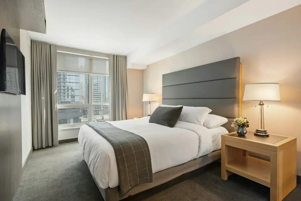 Freshly made guest bedroom